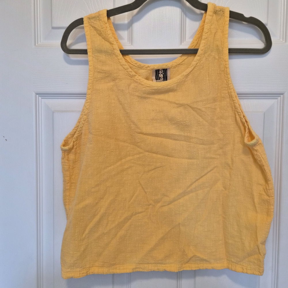 Vintage Sucesos Mexico Yellow Crinkle Gauze Tank Top Boho Art to Wear Small